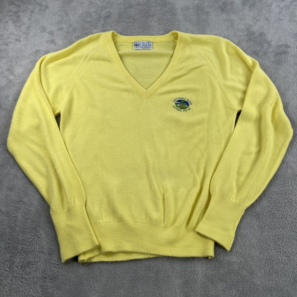 Vintage Pickering AT&T Pebble Beach National Pro Am Golf V Neck Sweater S Yellow